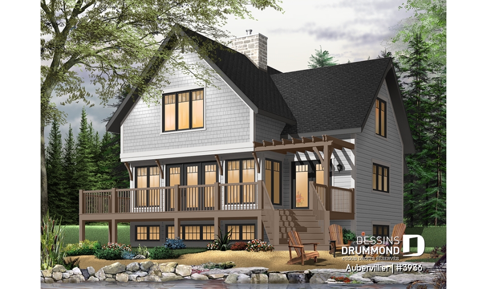 Version couleur no. 2 - Vue arrière - Plan de maison bord de l'eau, 3 chambres avec espace ouvert offrant une vue panoramique - Aubervillier