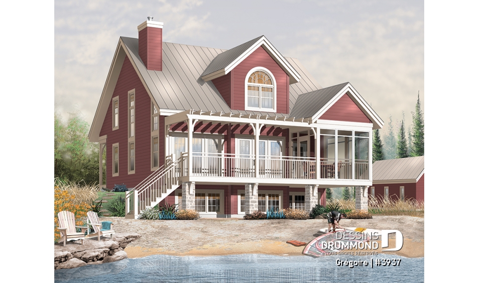 Vue arrière - MODÈLE DE BASE - Cottage de 3 chambres avec mezzanine, abri moustiquaire à la terrasse arrière et espace ouvert - Grégoire