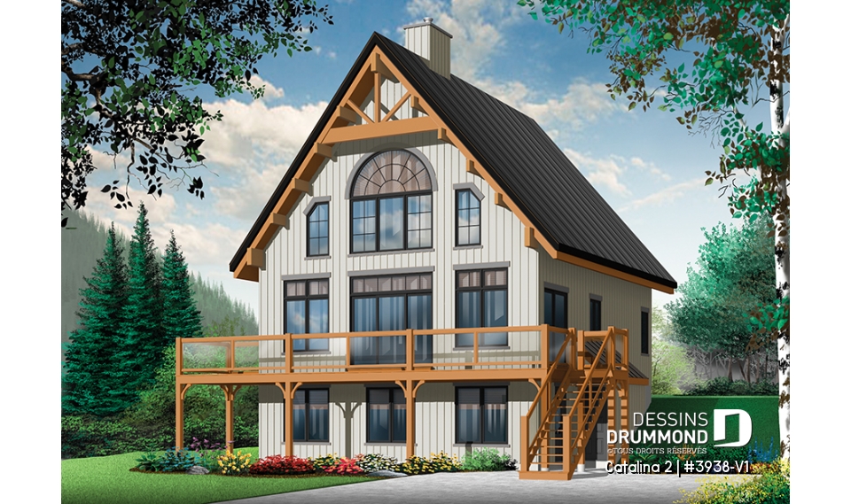 Version couleur no. 1 - Vue avant - Plan de chalet 3 à 5 chambres, rez-de-jardin, foyer double, mezzanine, grande buanderie, grande terrasse - Catalina 2