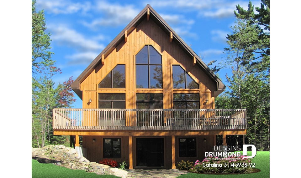 Vue arrière - MODÈLE DE BASE - Plan de chalet rustique, vue panoramique, 3 chambres, 2 salles de bain, plafond cathédrale, foyer, mezzanine - Catalina 3