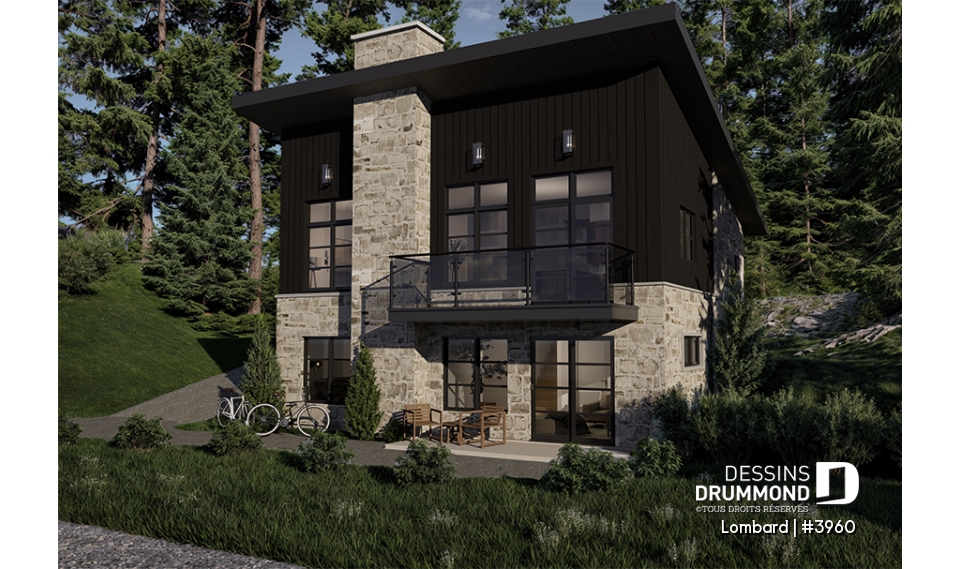 Vue avant - MODÈLE DE BASE - Plan de chalet moderne rustique – plan lumineux avec foyer central, 3 chambres et sous-sol modulable - Lombard