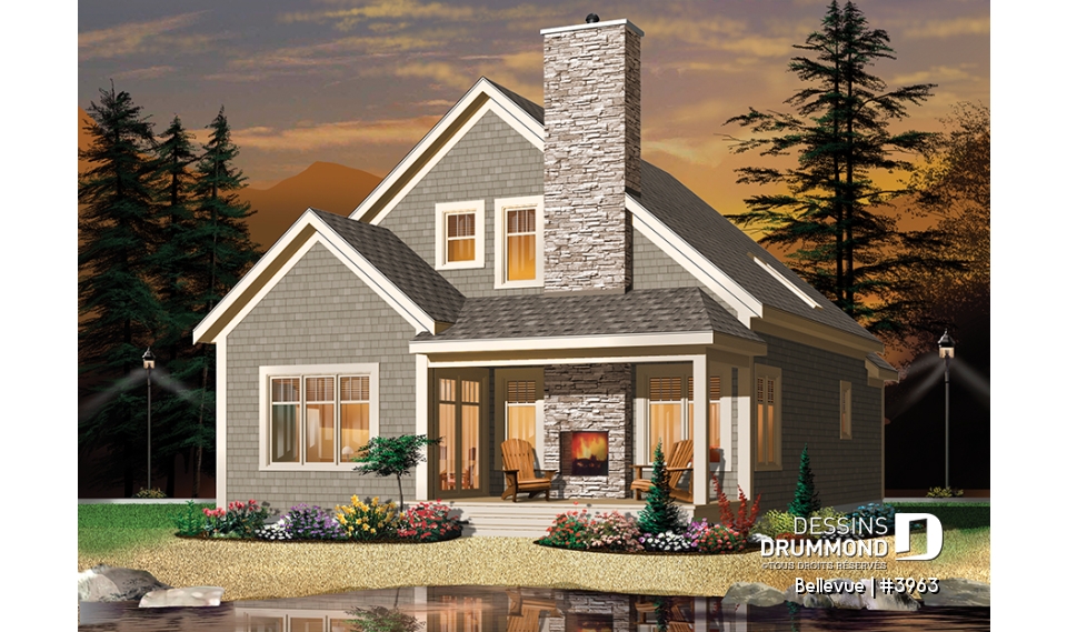 Vue arrière - MODÈLE DE BASE - Plan de maison champêtre 2 à 3 chambres, superbe terrasse abritée, foyer, mezzanine, garde-manger - Bellevue