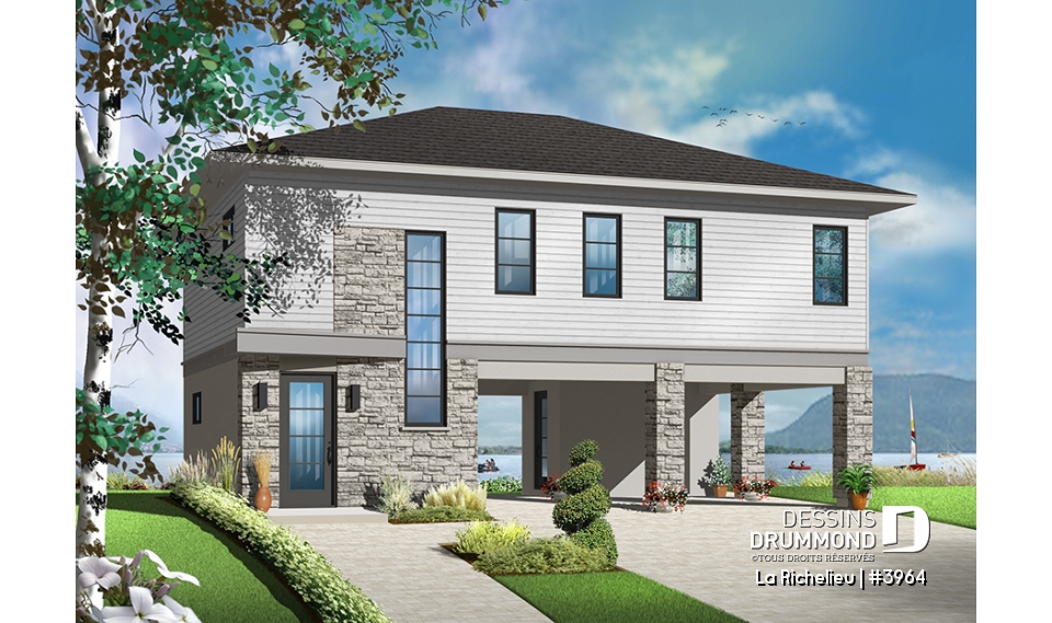 Version couleur no. 1 - Vue avant - Plan contemporain panoramique, bord de l'eau, espace habitable surélevé, pour terrain à risque d'innondation - La Richelieu