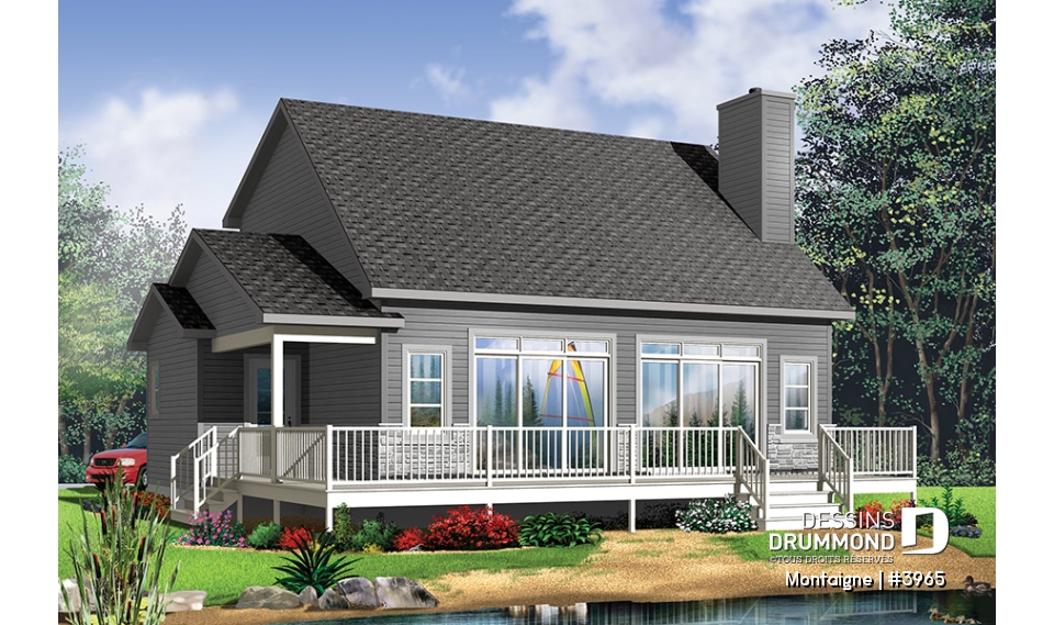 Vue arrière - MODÈLE DE BASE - Chalet 2 étages, style scandinave, espace conviviale, 3 chambres, poutres au plafond - Montaigne