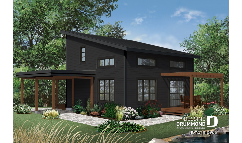 Version couleur no. 2 - Vue arrière - Chalet ou maison moderne, bon prix, espace ouvert, 2 chambres, balcon arrière semi-abrité - NOYO