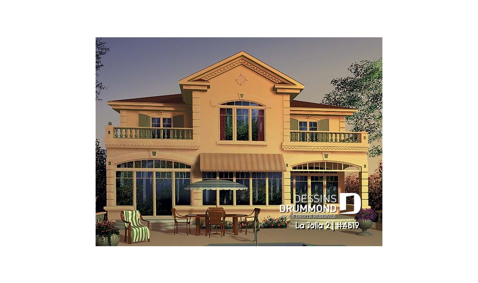 Vue arrière - MODÈLE DE BASE - Plan de maison style Floride, 4 grandes chambres, solarium, plafond 9', 2 balcons, garage - La Jolla 2