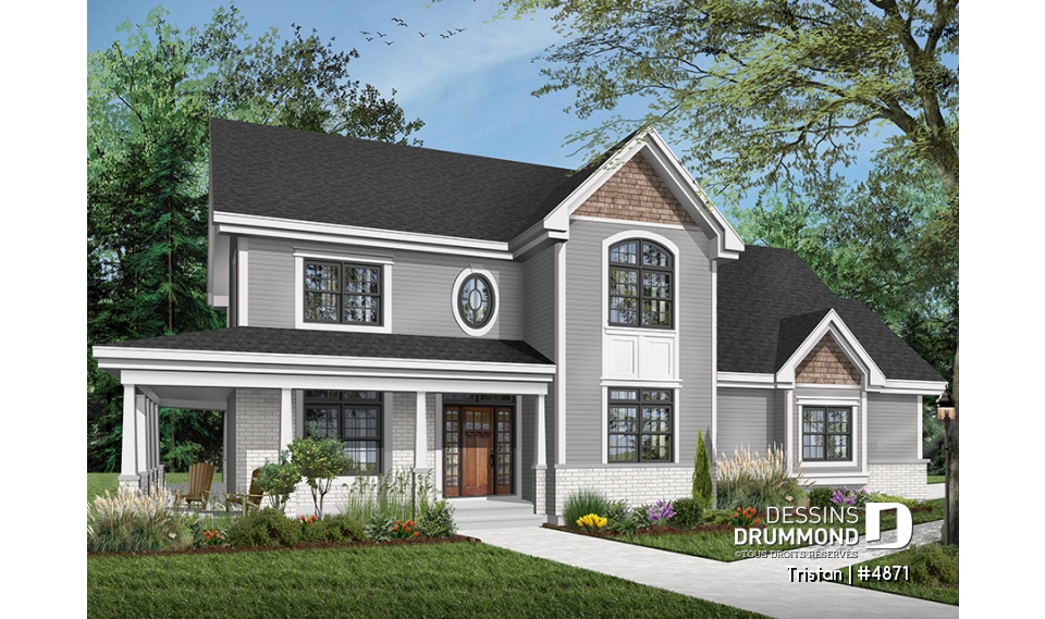 Version couleur no. 3 - Vue avant - Superbe plan de maison 4 chambres, style américain, garage double, coin déjeuner, séjour et salon - Tristan