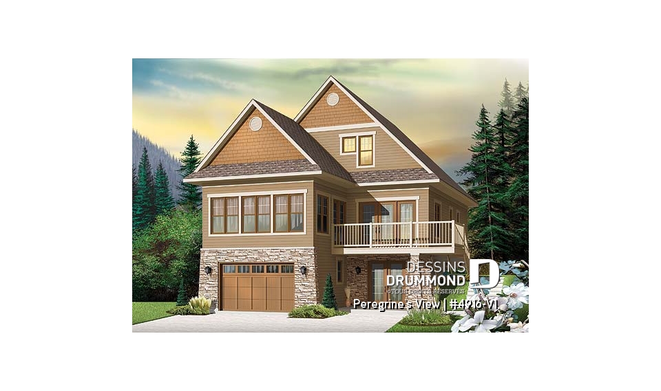Vue avant - MODÈLE DE BASE - Maison style chalet bord de lac, 4 chambres, vue panoramique, bureau, espace boni, 2 chambres maîtres - Peregrine's View