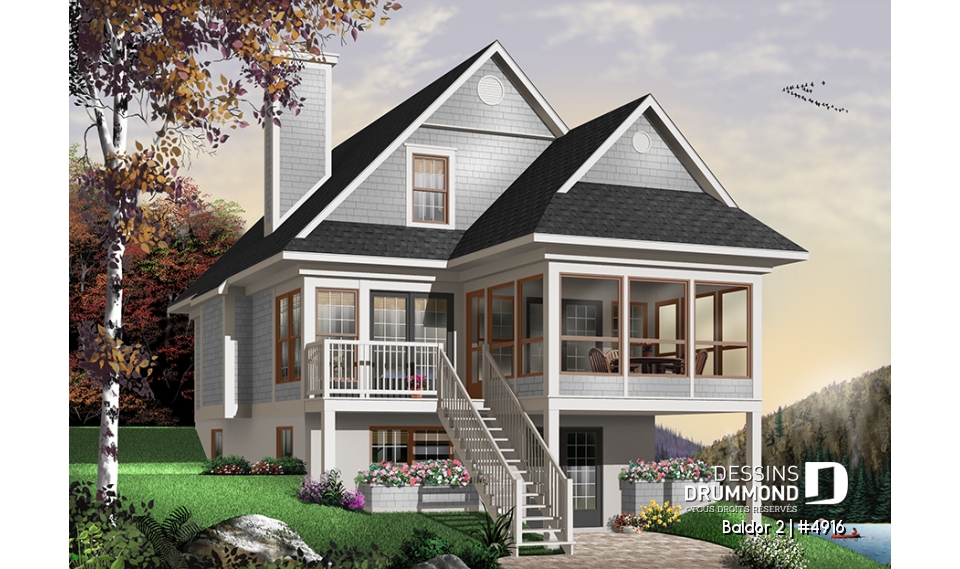 Vue arrière - MODÈLE DE BASE - Plan de chalet ou maison avec vue panoramique, 3 chambres, foyer, abri moustiquaire, parents au premier - Baldor 2