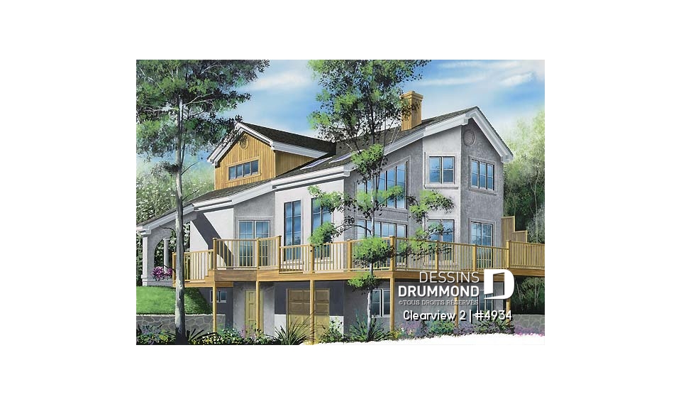 Vue arrière - MODÈLE DE BASE - Plan de chalet lumineux, 3 chambres avec 2 salles de séjour et mezzanine, garage - Clearview 2