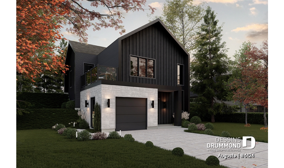 Vue avant - MODÈLE DE BASE - Plan de maison inversée avec chambres secondaires au premier et cuisine, salle à manger et salon à l'étage! - Auguste