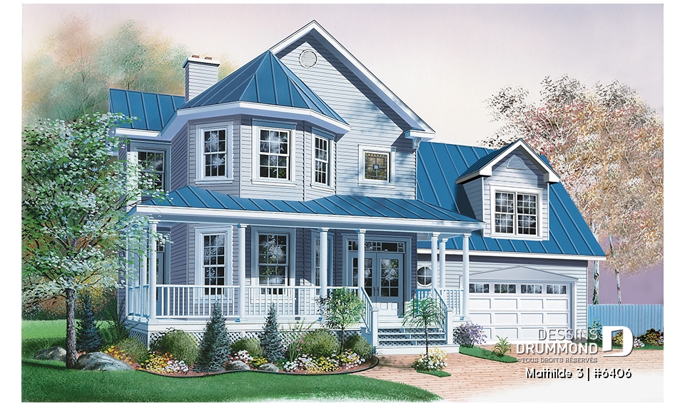 Vue avant - MODÈLE DE BASE - Plan de maison champêtre 3 chambres, grand espace boni au-dessus du garage double (chambre #4), foyer - Mathilde 3