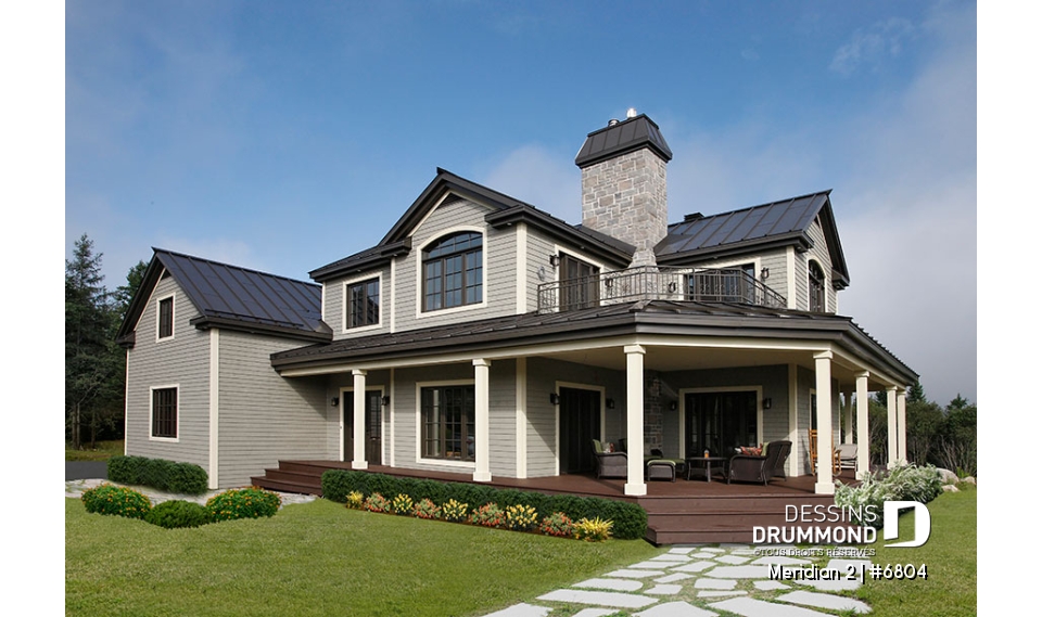 Vue avant - MODÈLE DE BASE - Plan de maison panoramique, galerie abritée sur 3 faces, garage double, terrasse aux maîtres, 3 chambres. - Meridian 2