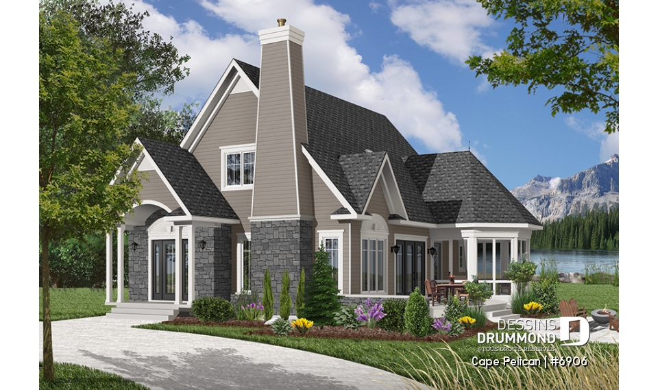 Version couleur no. 7 - Vue avant - Maison genre chalet 4-saisons, chambre maître au r-d-c, foyer, vestibule, grande terrasse, abri moustiquaire - Cape Pelican