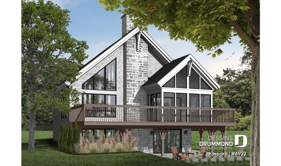 Vue arrière - MODÈLE DE BASE - Plan de chalet style rustic, 4 chambres, 2 salles familiales, foyer, loft à la mezzanine, abri moustiquaire - Kaspard