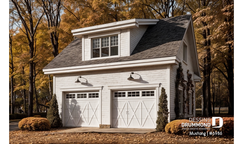 Vue avant - MODÈLE DE BASE - Garage double de deux portes avec rangement à l'étage, style Cape Cod - Mustang
