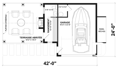 Rez-de-chaussée - Plan pour garage, bateau, petit motorisé ou voiture proposant une terrasse abritée, salle d'eau et rangement - Portside