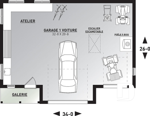 Rez-de-chaussée - Superbe plan de garage avec atelier, espace pour jardinage et poêle à bois. Rangement boni à l'étage. - Spruce