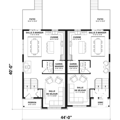 Rez-de-chaussée - Plan de maison jumelée, 3 chambres, 2 salles de bain, grande cuisine, buanderie au r-d-c, coin ordinateur - Léon 2