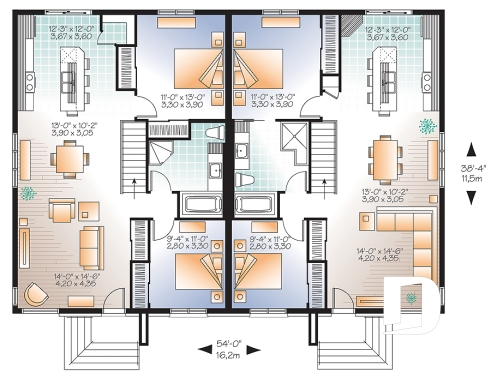 Rez-de-chaussée - Plan de maison jumelée moderne, plain-pied, 2 chambres, option garde-manger et 2 garde-robes chambre parents - Ambrose 4