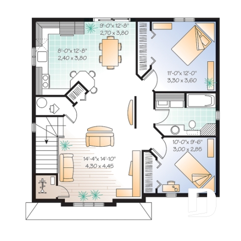Étage - Plan de duplex abordable, 2 chambres, cuisine avec îlot lunch, espace ouvert - Abbot
