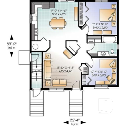 Rez-de-chaussée - Plan de triplex économique moderne, 2 chambres par unité, coin buanderie, plancher à aire ouverte - Abbot 3