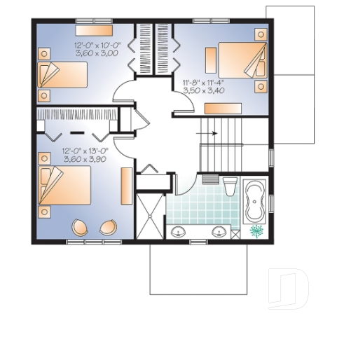 Étage - Plan de maison 3 chambres avec appartement au sous-sol, buanderie au rez-de-chaussée, foyer - Norway 3