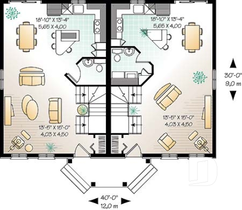 Rez-de-chaussée - Plan de maison jumelé à étage, 2 à 3 chambres, 2 salles de bain par unité, aire ouverte, îlot à la cuisine - Monticello