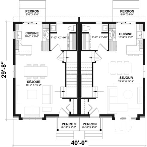 Rez-de-chaussée - Plan de maison jumelé, aménagé sur 3 étages, 3 chambres, 2.5 sdb par unité - Belisle