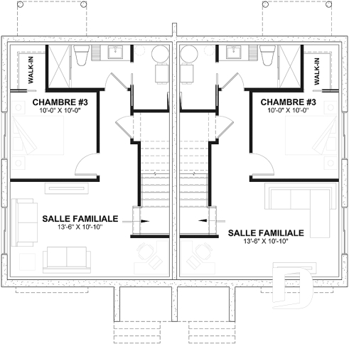 Sous-sol - Plan de maison jumelé, aménagé sur 3 étages, 3 chambres, 2.5 sdb par unité - Belisle