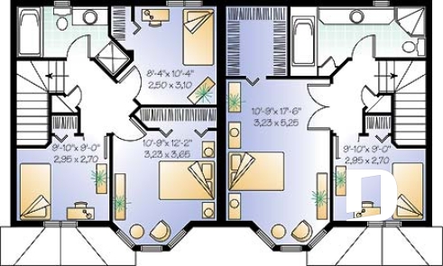 Étage - Plan de semi-détaché à étage, 2 à 3 chambres, 2 s. de bain, style victorien, belle fenestration, garde-manger - Rosalie 2
