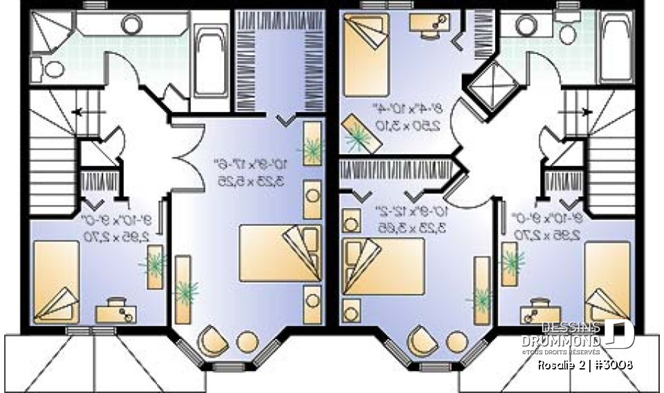 Étage - Plan de semi-détaché à étage, 2 à 3 chambres, 2 s. de bain, style victorien, belle fenestration, garde-manger - Rosalie 2