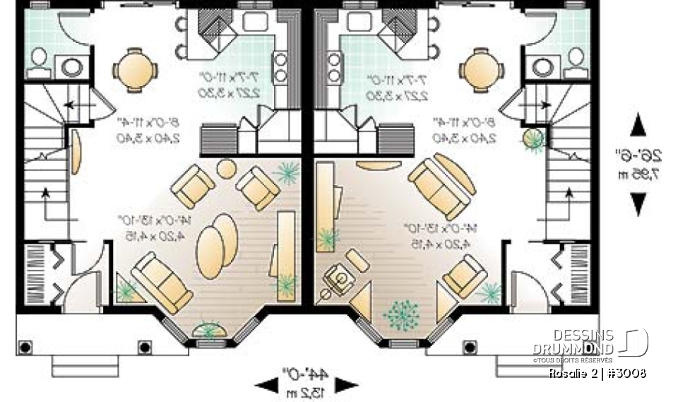 Rez-de-chaussée - Plan de semi-détaché à étage, 2 à 3 chambres, 2 s. de bain, style victorien, belle fenestration, garde-manger - Rosalie 2