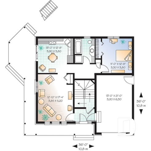 Rez-de-chaussée - Plan de maison bi-génération avec garage, unité famille à l'étage avec 3 chambres, superbe galerie - Courcelle