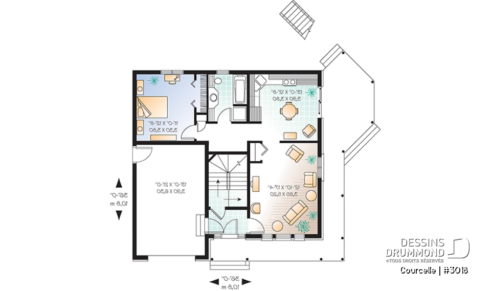 Rez-de-chaussée - Plan de maison bi-génération avec garage, unité famille à l'étage avec 3 chambres, superbe galerie - Courcelle