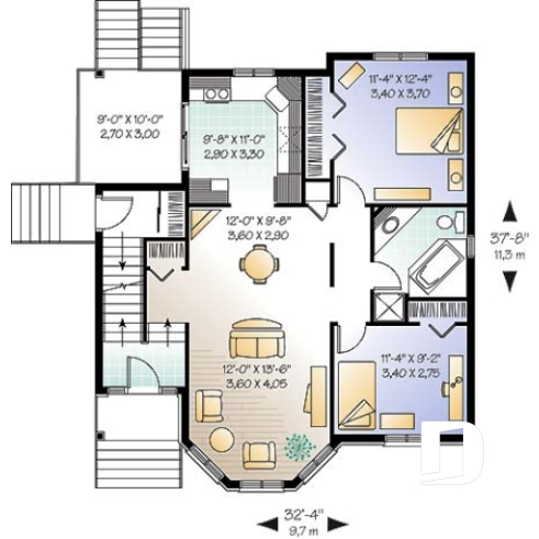 Rez-de-chaussée - Plan de duplex, 2 chambres par unité, belle fenestration, balcon arrière, grande cuisine avec porte patio - Victorien