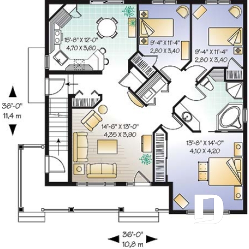 Rez-de-chaussée - Plan de duplex 5 et demi (5 1/2) de style Européen offrant 3 chambres et buanderie par unité. - Fairfield