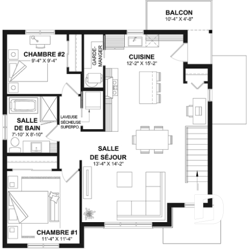 Étage - Plan de triplex, 2 chambres, 1 salle de bain, terrasse, aire ouverte et garde-manger à chaque logement - Herstal