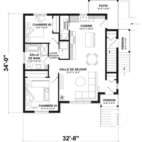 Rez-de-chaussée - Plan de triplex, 2 chambres, 1 salle de bain, terrasse, aire ouverte et garde-manger à chaque logement - Herstal