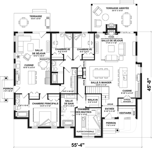 Rez-de-chaussée - Plan de maison bi-génération plain-pied, 1+3 chambres, terrasse abritée, 2 foyers côté famille  - Angéline