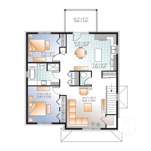 Étage - Plan de 3 logement,  modèle triplex moderne, 2 chambres, buanderie, balcon, garde-manger - Lounia