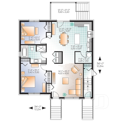 Rez-de-chaussée - Plan de 3 logement,  modèle triplex moderne, 2 chambres, buanderie, balcon, garde-manger - Lounia