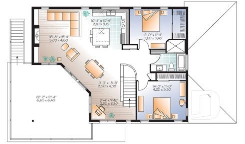 Étage - Plan de maison bi-génération contemporaine, 1 ou 2 chambres et grande terrasse à chaque unité - Casey