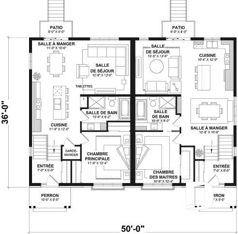 Rez-de-chaussée - Plan maison jumelée, 2 options au r-d-c, 3 chambres, 2 salles de bain et 2 salles familiales - Lucinda 2