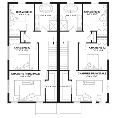 Étage - Plan de maison jumelée contemporaine, sous-sol aménagé optionnel ($), 3 à 4+ chambres + bureau à chaque unité - Mallory 3