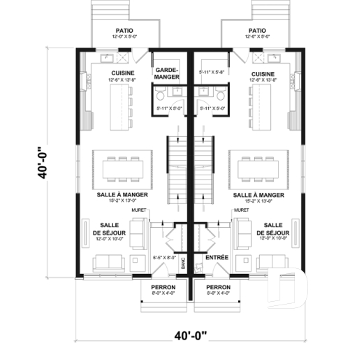 Rez-de-chaussée - Plan de maison jumelée contemporaine, sous-sol aménagé optionnel ($), 3 à 4+ chambres + bureau à chaque unité - Mallory 3