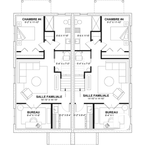 Sous-sol aménagé (Optionel $) - Plan de maison jumelée contemporaine, sous-sol aménagé optionnel ($), 3 à 4+ chambres + bureau à chaque unité - Mallory 3