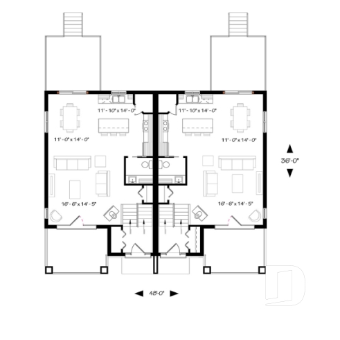Rez-de-chaussée - Plan de maison jumelée à entrée split, 3 chambres, 1.5 salles de bain par unité, grand balcon avant, poêle - Aspen Lodge