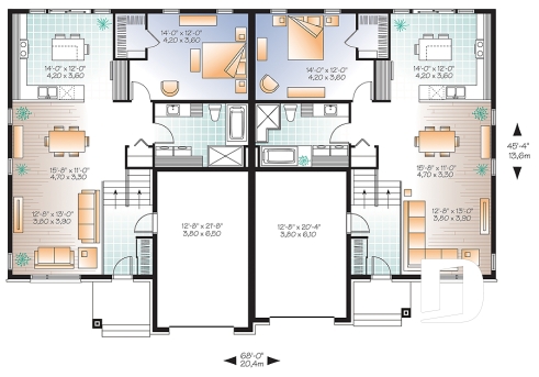 Rez-de-chaussée - Plan de jumelé contemporain avec garage, 1 à 3 chambres par unité, grande douche, îlot dans la cuisine - Lombartel 