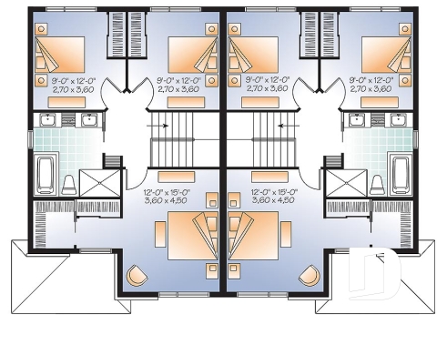 Étage - Plan de semi-détaché urbain, 3 chambres et 1.5 salles de bain par unité - Stanley